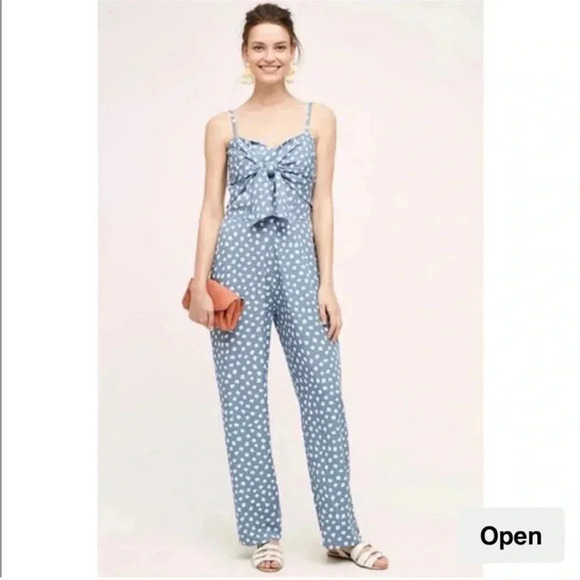 NEW Anthropologie Whit Two Womens 10P Blue Knotted Dots Jumpsuit - Picture 1 of 5